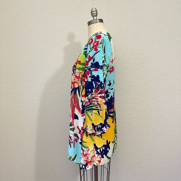 JOHN MARK Washable Silk Tunic Top Multicolor Floral Slit Sleeve Artsy - Picture 6 of 12